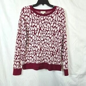 Loft Womens Burgundy White Leopard Print Relaxed Fit Long Sleeve Sweater Medium